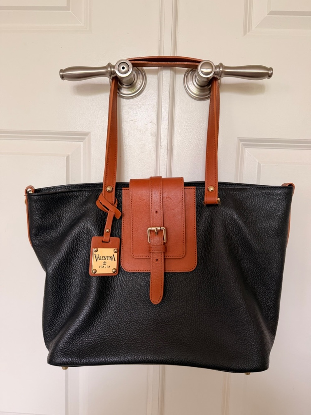 Valentina Black Tote with Brown Leather Accents